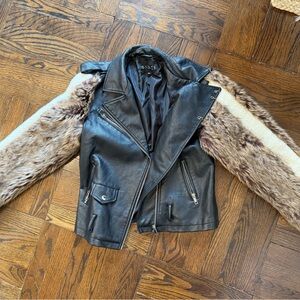 Women's Black Leather Jacket with Fur Sleeves
